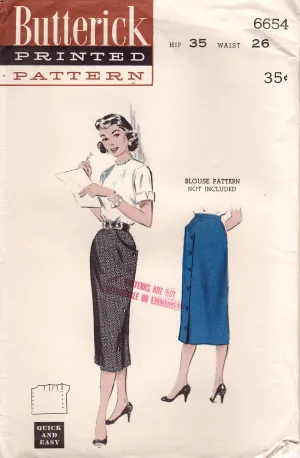 1950's Butterick One Yard Pencil Skirt Pattern with Side Buttons - Waist 26" - No. 6654