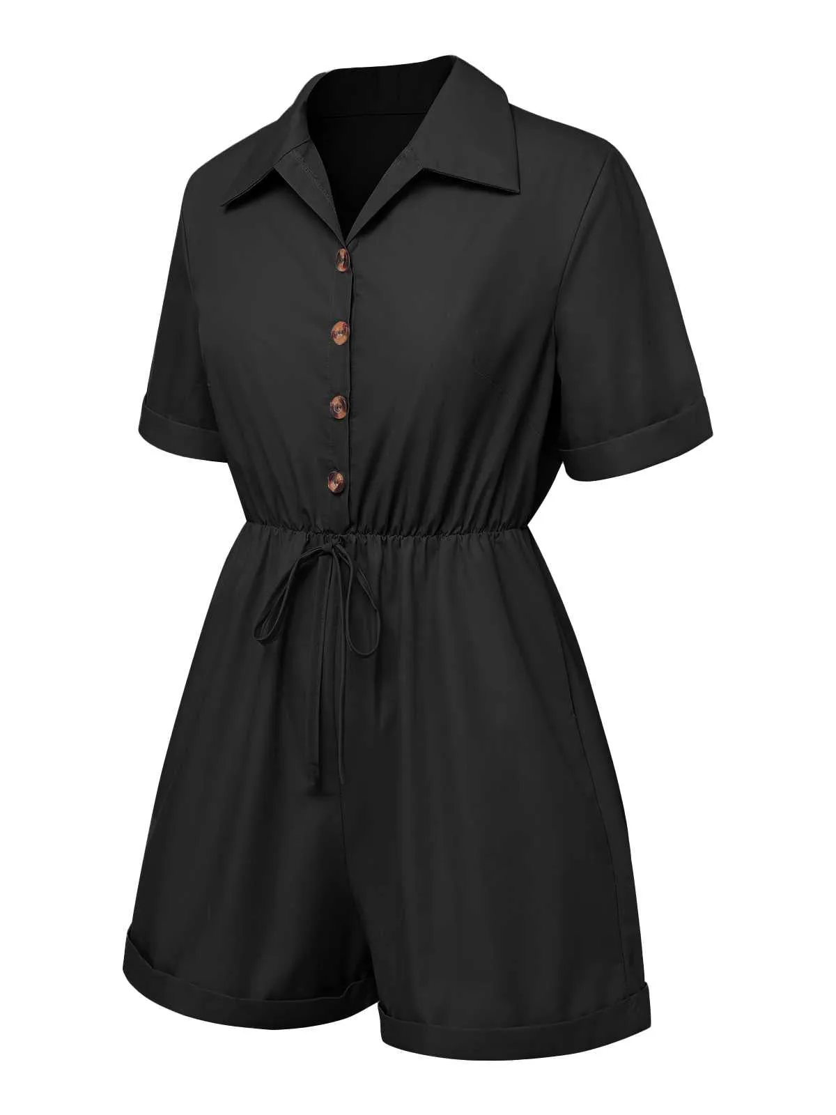 1950s Shirt Neck Lace-Up Solid Romper