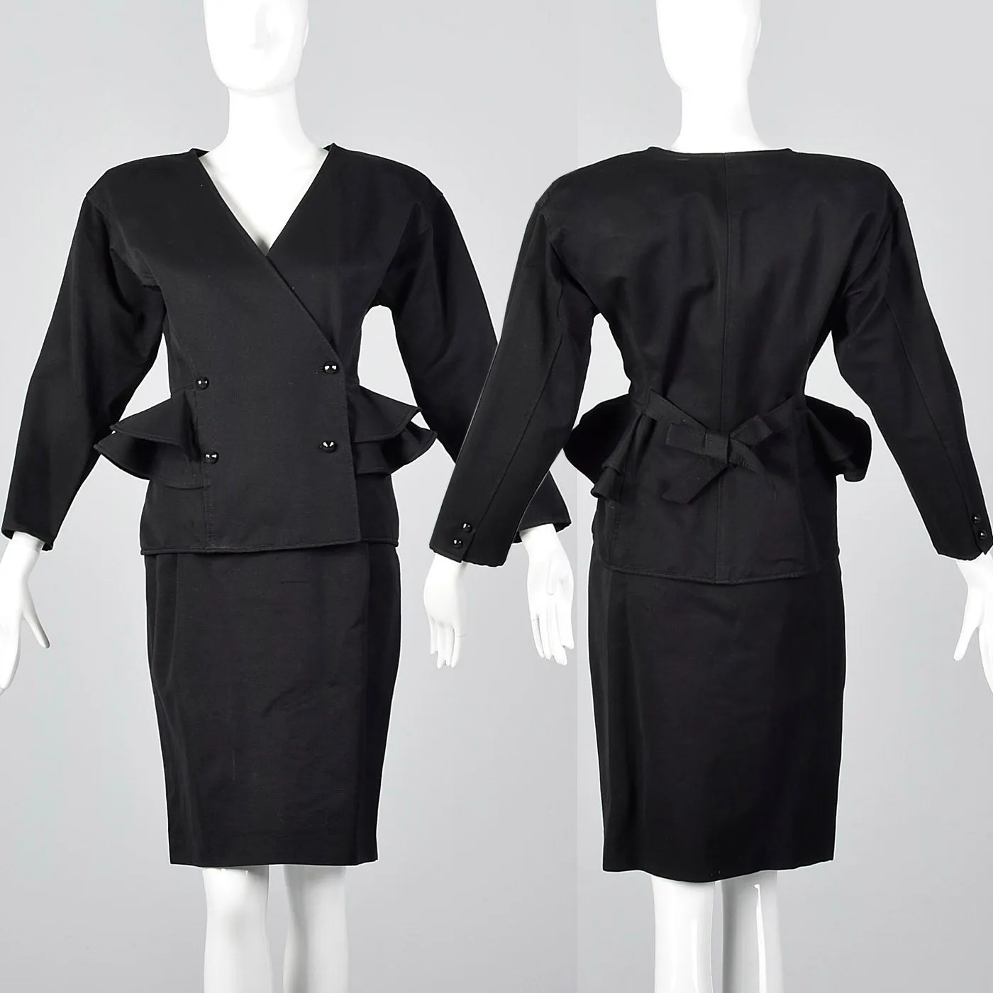 1980s Ungaro Solo Donna Black Peplum Suit