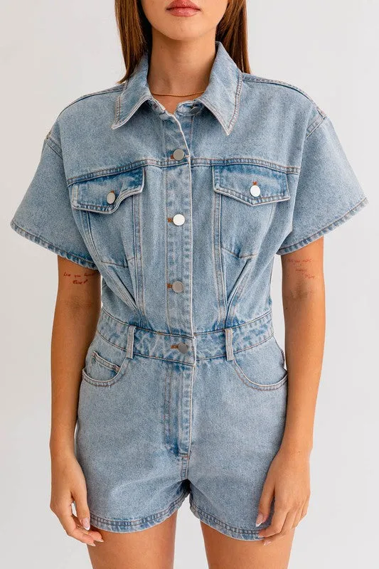 (2 colors) Lauren Short Sleeve Denim Romper