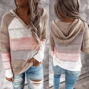 2020 Autumn and Winter Sweaters, Women Long Sleeve Sweater, Hoodie, Tops, V Neck Patchwork Casual Knitted, Elegant Pullover Jumper