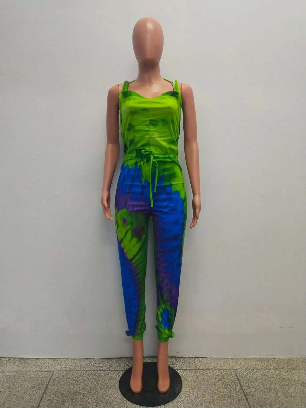 2XL Tie Dye Hoodie Summer Romper Sleeveless Backless Mid Calf Plus Size Women
