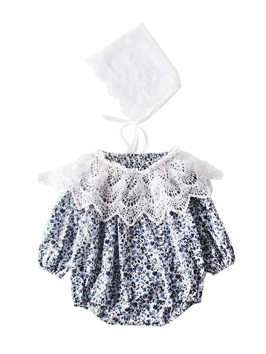 3-Piece Outfit Lace Detachable Collar Floral Romper Hat for Baby Girl