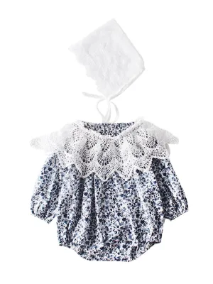 3-Piece Outfit Lace Detachable Collar Floral Romper Hat for Baby Girl