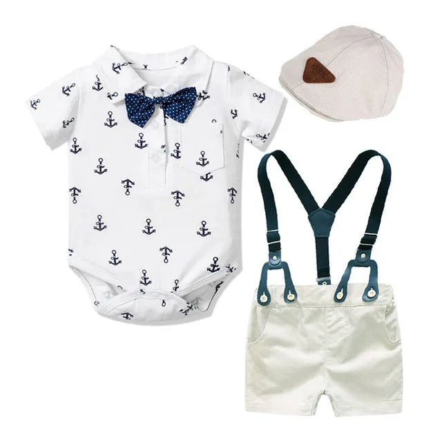 3PCS Baby Boy Bowtie Romper Suspender Baptism Formal Outfit with Baret Hat Newborn Infant Clothing Set