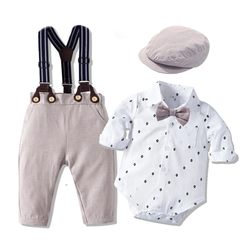 3PCS Baby Boy Bowtie Romper Suspender Baptism Formal Outfit with Baret Hat Newborn Infant Clothing Set