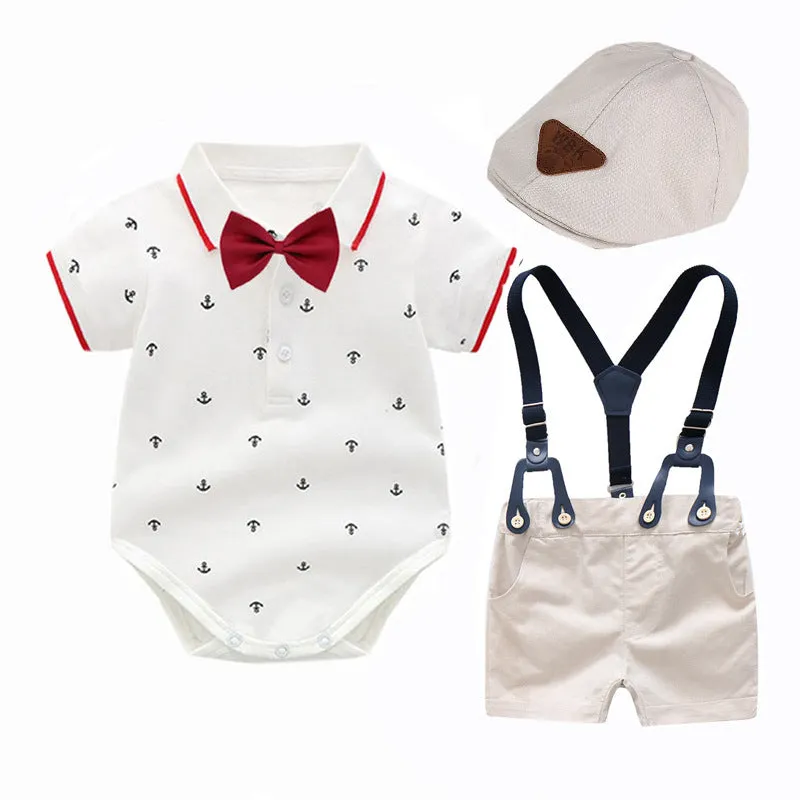 3PCS Baby Boy Bowtie Romper Suspender Baptism Formal Outfit with Baret Hat Newborn Infant Clothing Set