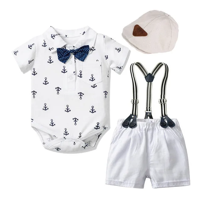 3PCS Baby Boy Bowtie Romper Suspender Baptism Formal Outfit with Baret Hat Newborn Infant Clothing Set