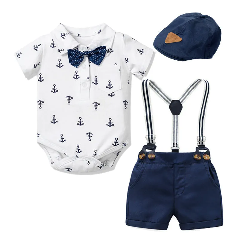 3PCS Baby Boy Bowtie Romper Suspender Baptism Formal Outfit with Baret Hat Newborn Infant Clothing Set