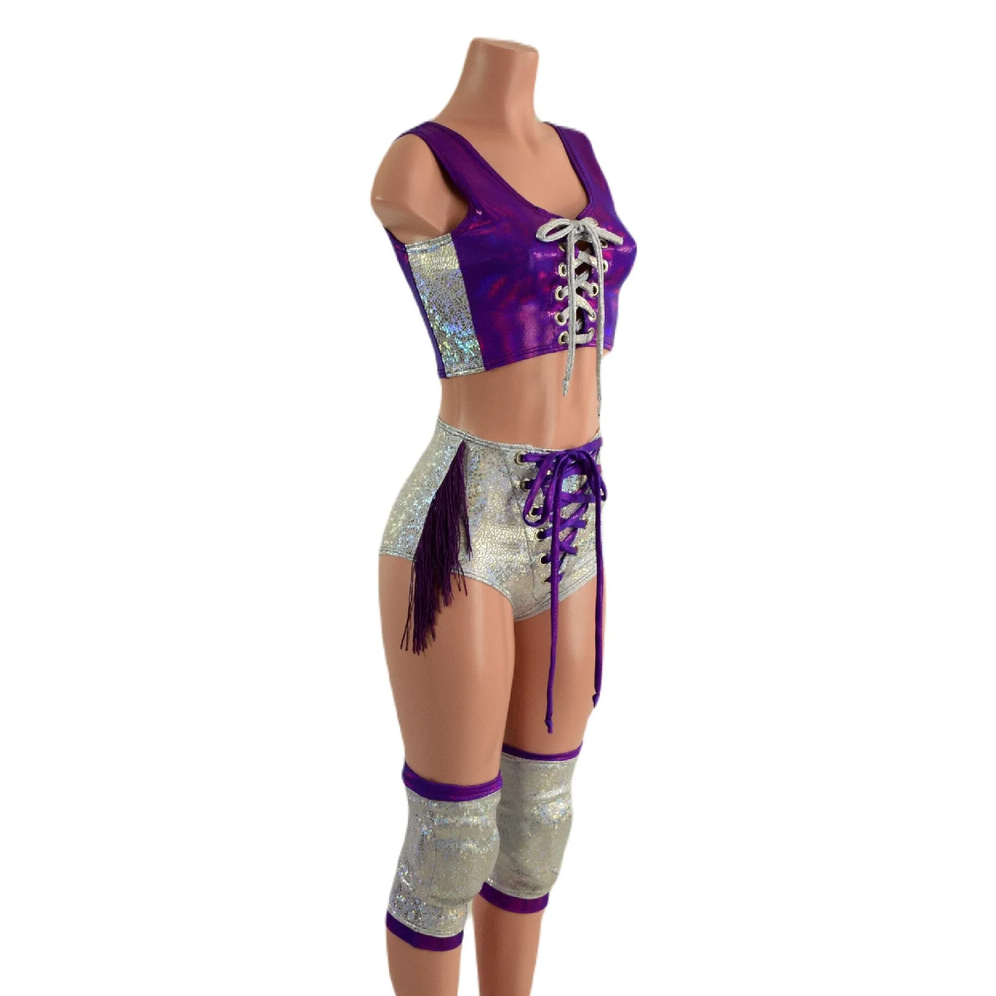 4PC Laceup Top, Fringed Laceup shorts, and Knee Pad Covers Set