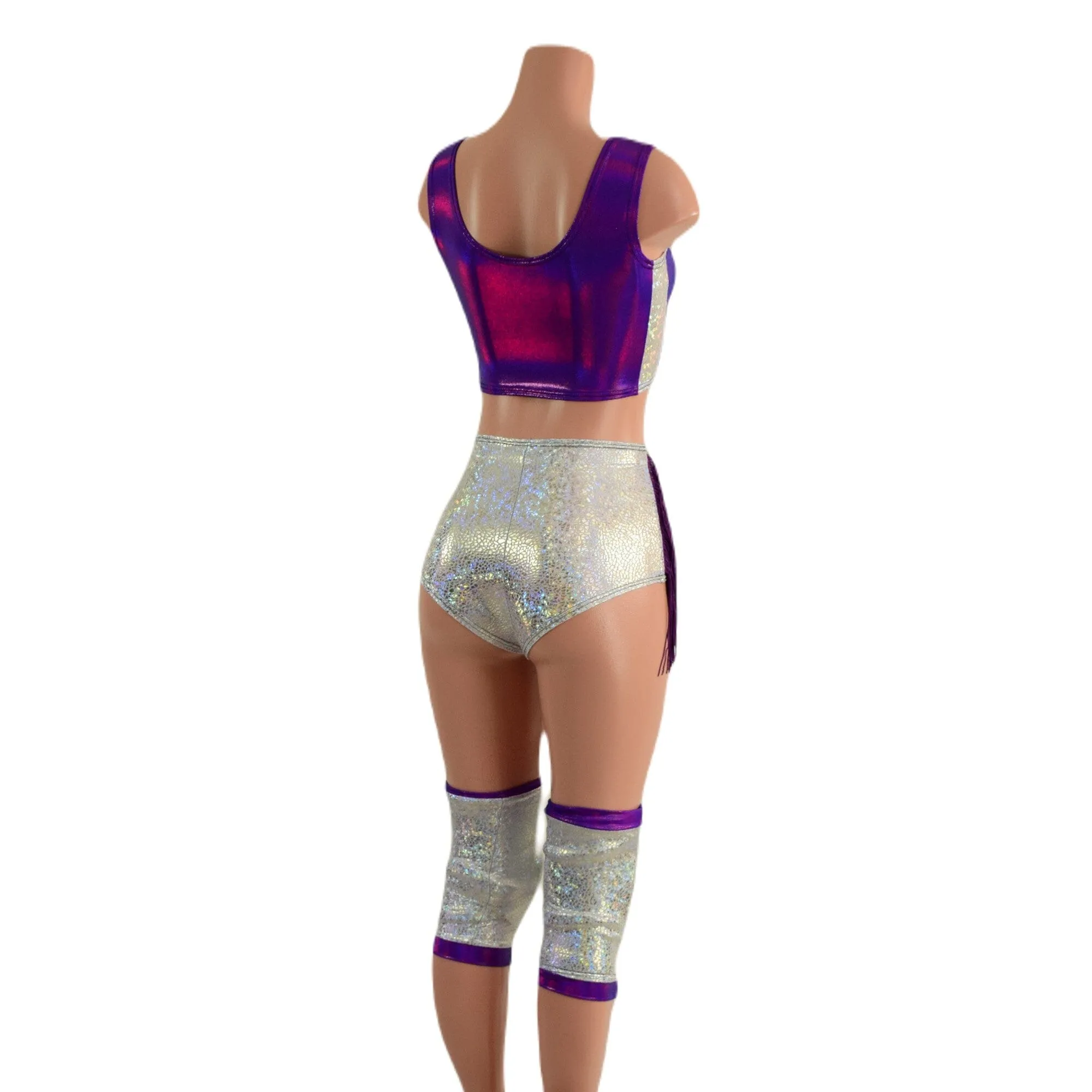 4PC Laceup Top, Fringed Laceup shorts, and Knee Pad Covers Set