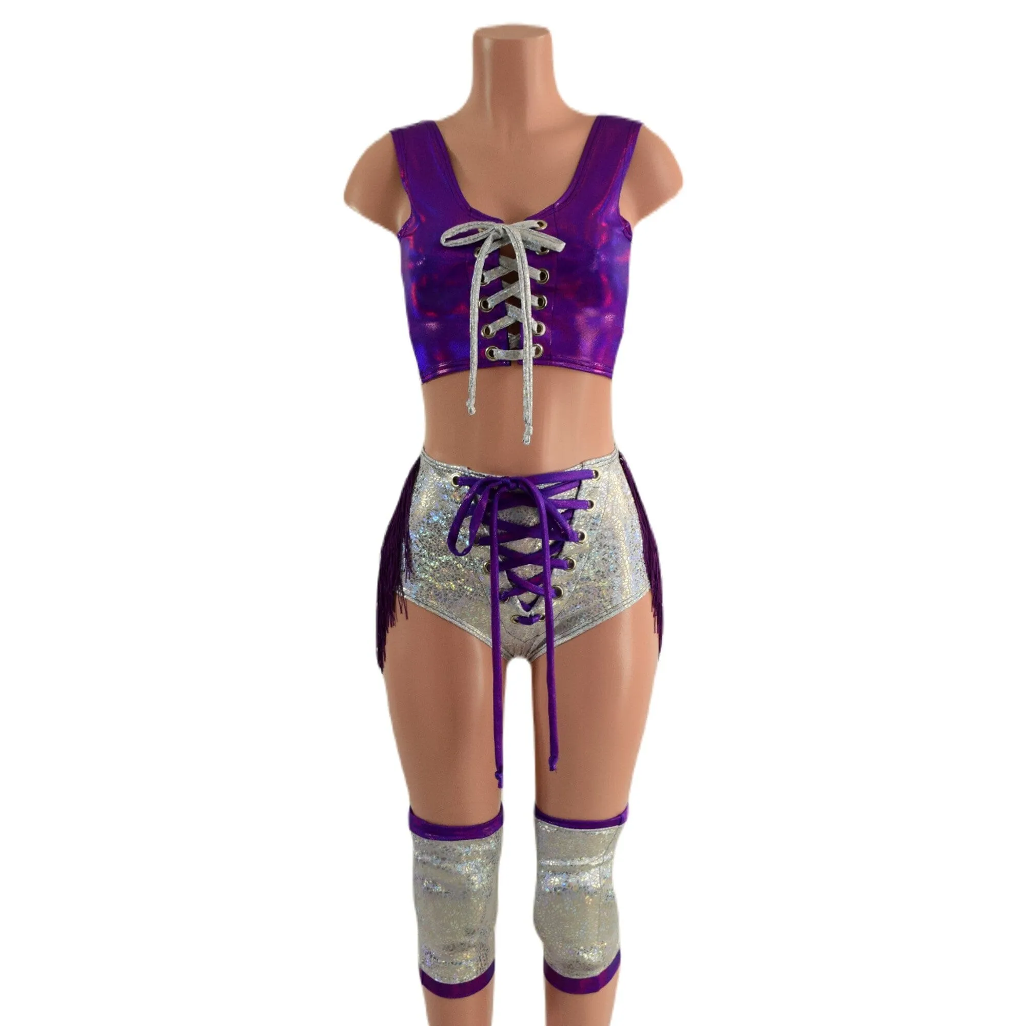 4PC Laceup Top, Fringed Laceup shorts, and Knee Pad Covers Set