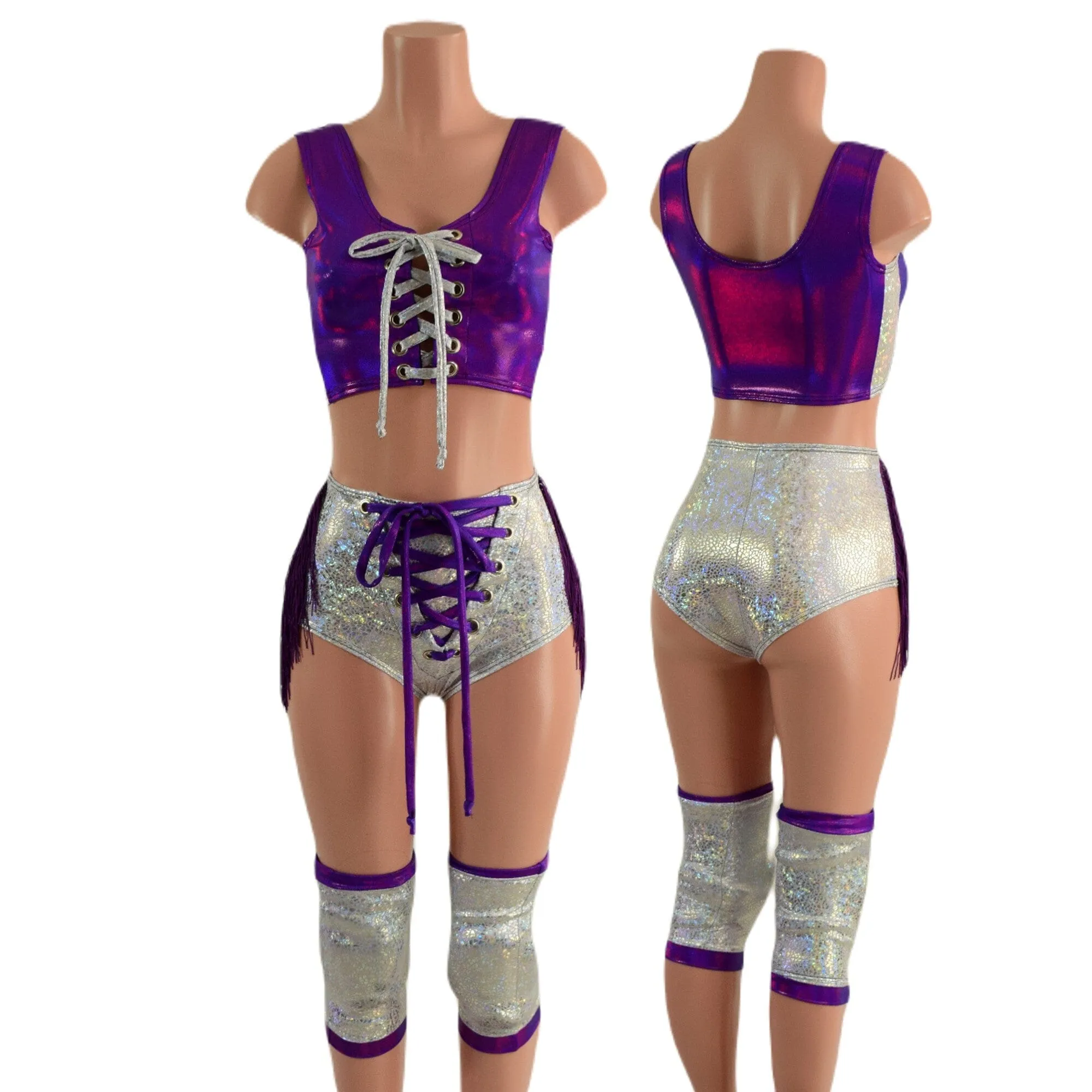 4PC Laceup Top, Fringed Laceup shorts, and Knee Pad Covers Set