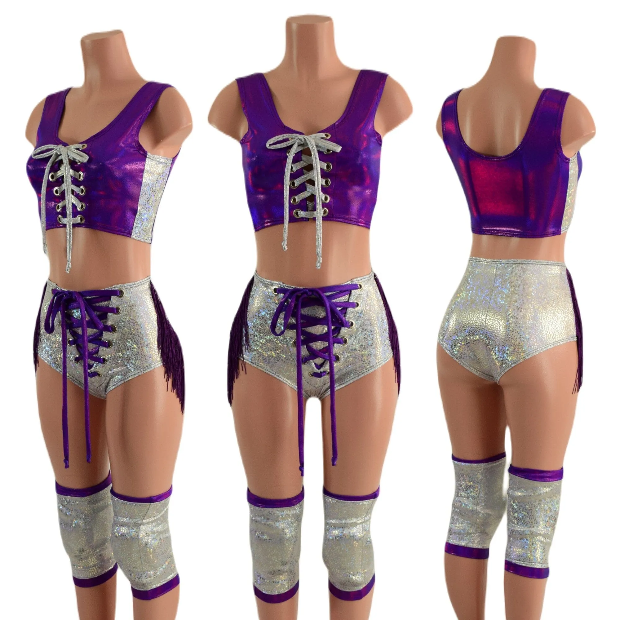 4PC Laceup Top, Fringed Laceup shorts, and Knee Pad Covers Set