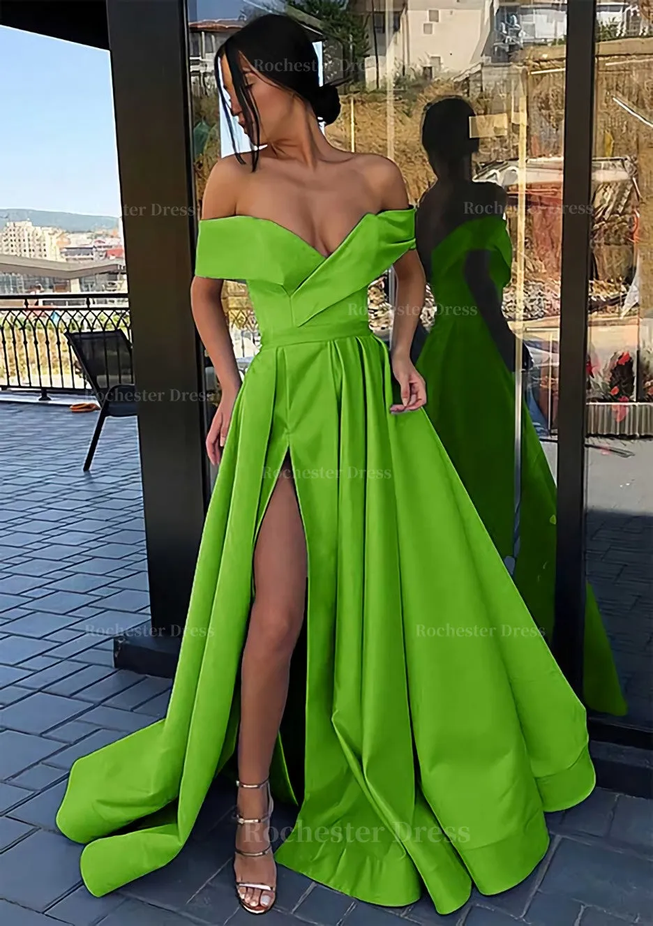 A-line Off-the-Shoulder Cap Straps Sweep Train Satin Prom Dress With Pleated Split