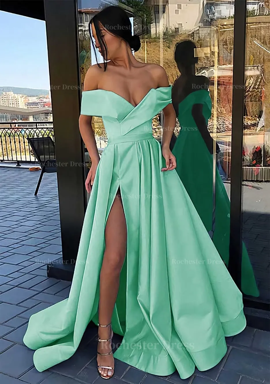 A-line Off-the-Shoulder Cap Straps Sweep Train Satin Prom Dress With Pleated Split