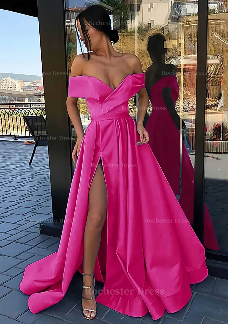 A-line Off-the-Shoulder Cap Straps Sweep Train Satin Prom Dress With Pleated Split