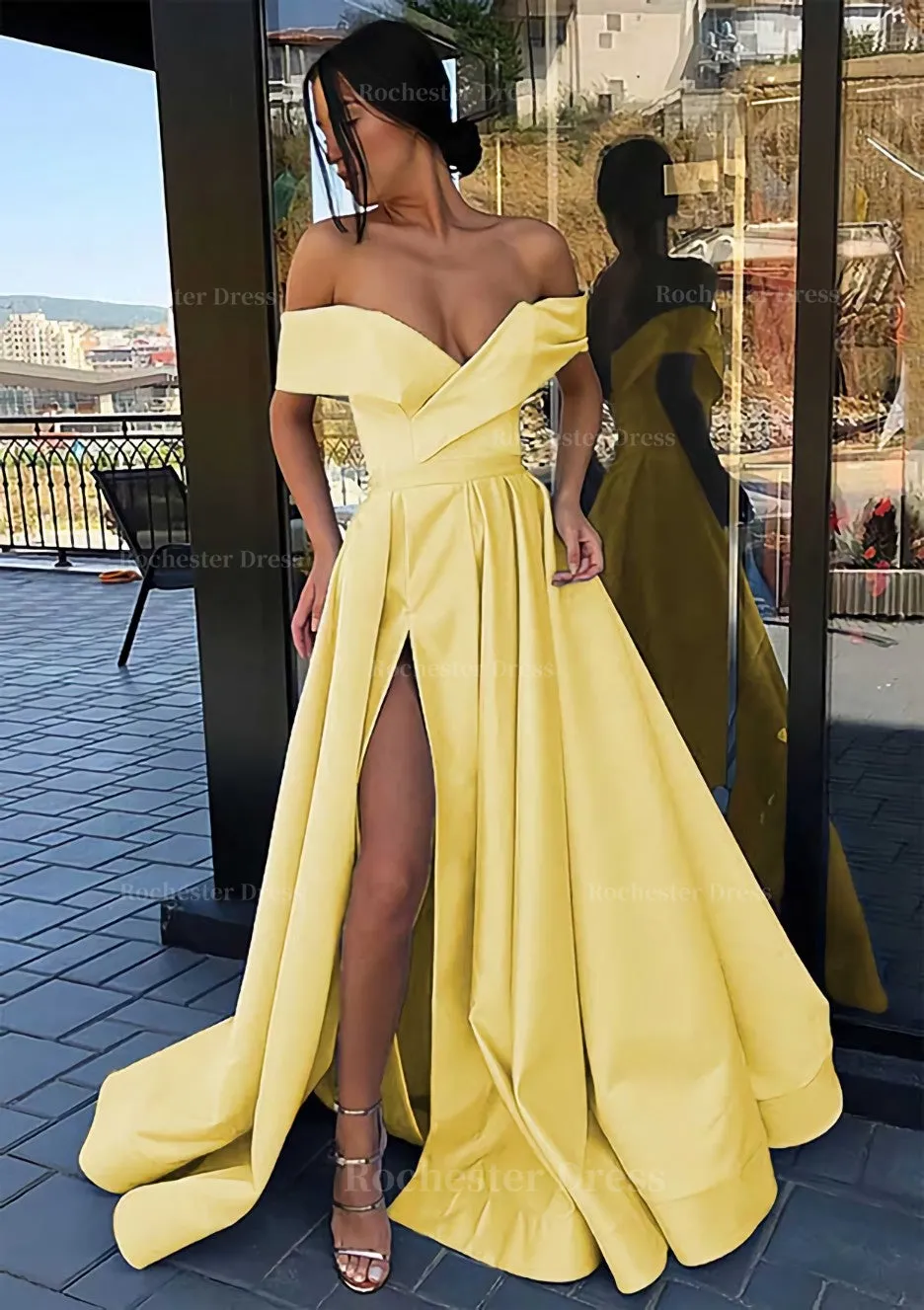 A-line Off-the-Shoulder Cap Straps Sweep Train Satin Prom Dress With Pleated Split