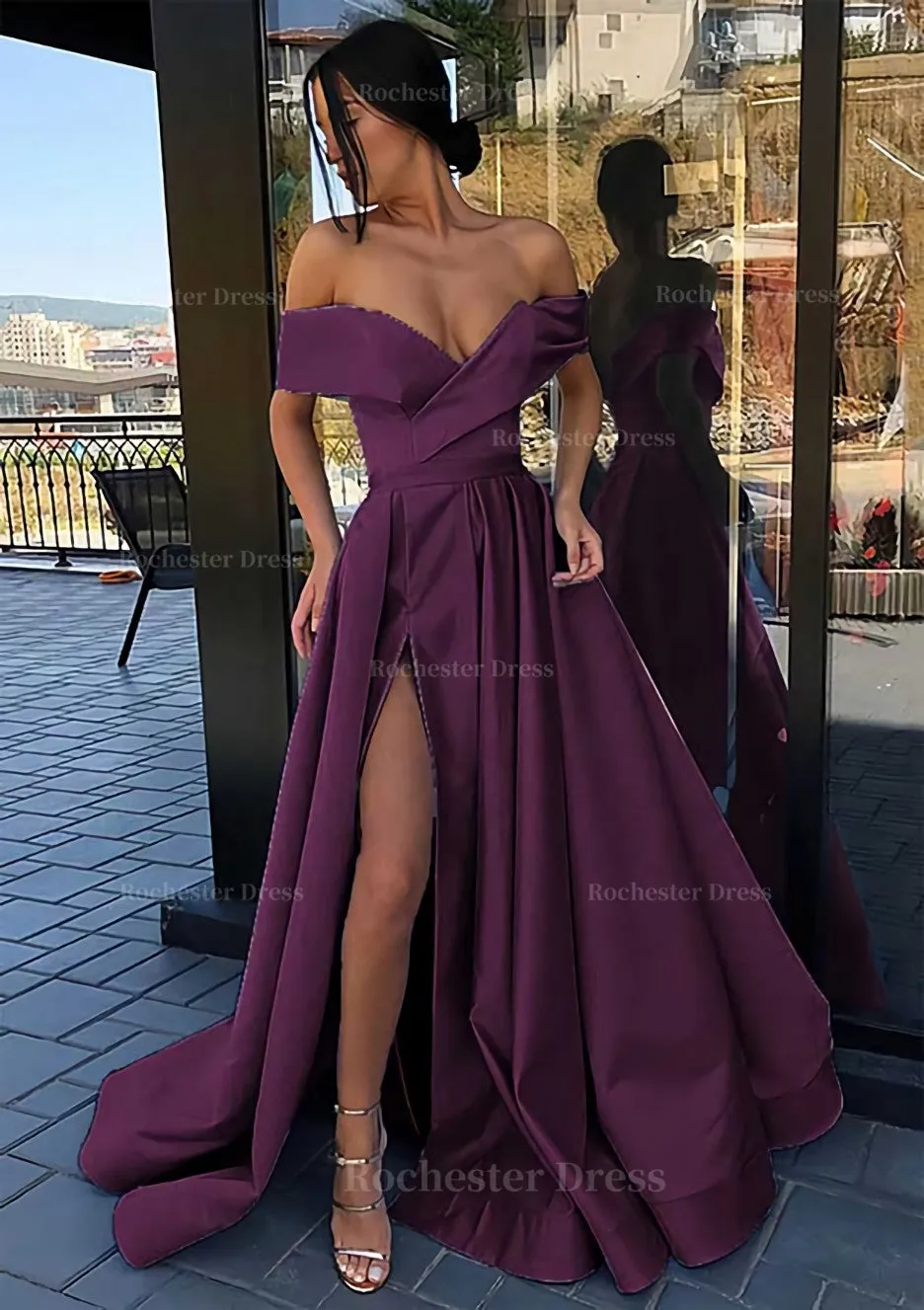 A-line Off-the-Shoulder Cap Straps Sweep Train Satin Prom Dress With Pleated Split