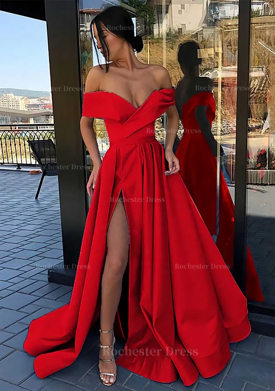 A-line Off-the-Shoulder Cap Straps Sweep Train Satin Prom Dress With Pleated Split