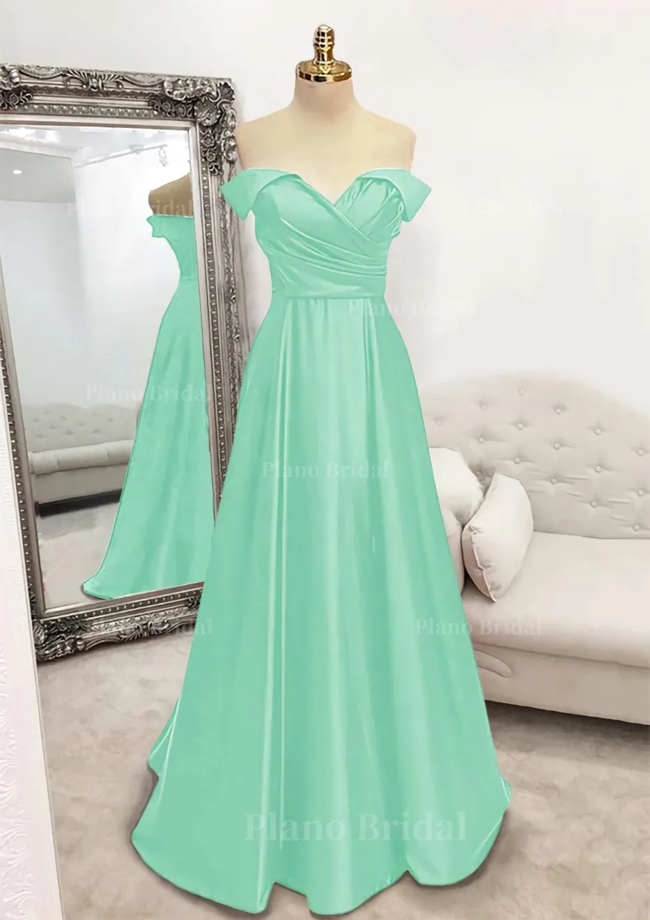 A-line Off-the-Shoulder Sleeveless Long/Floor-Length Satin Prom Dress With Pleated