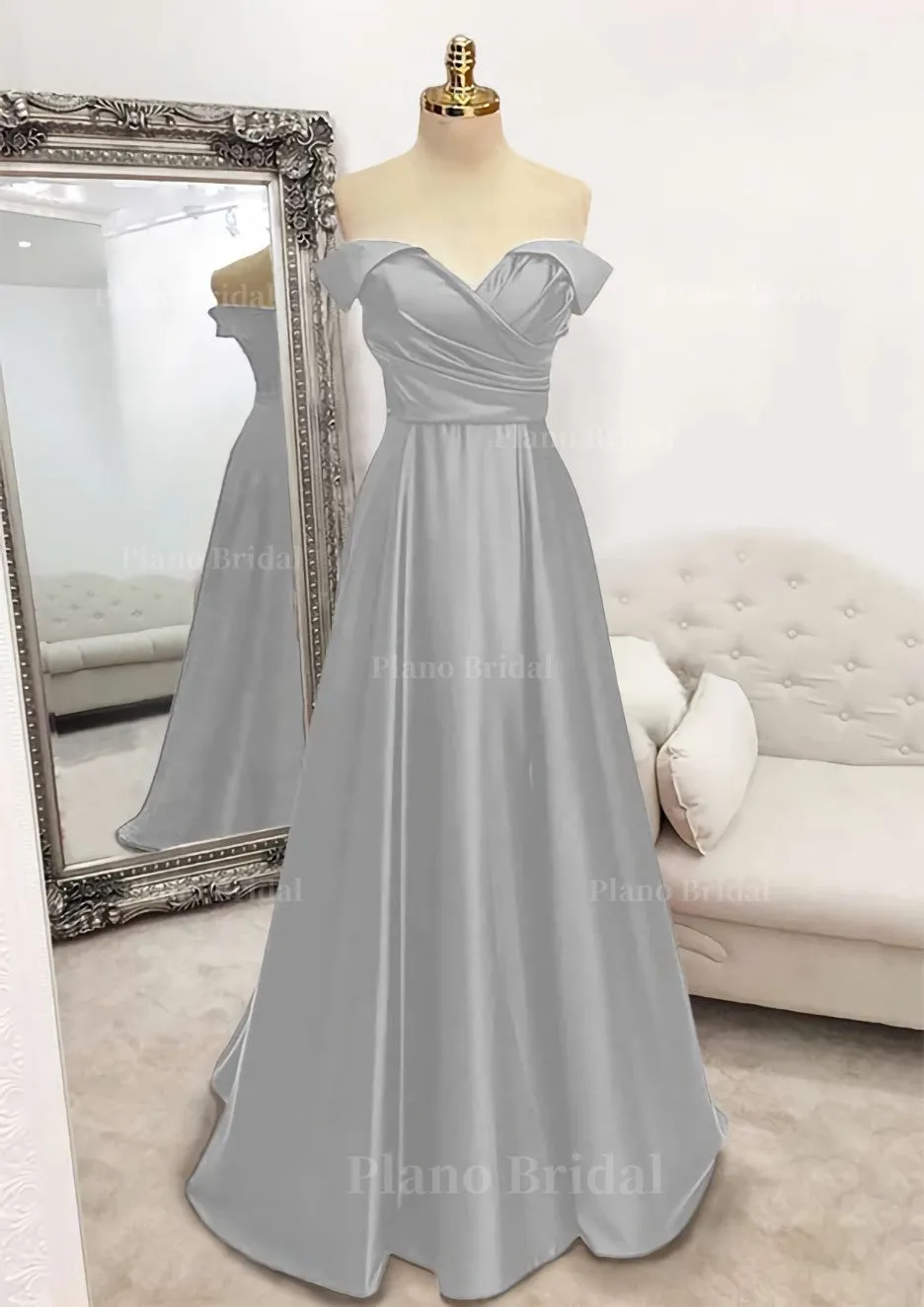 A-line Off-the-Shoulder Sleeveless Long/Floor-Length Satin Prom Dress With Pleated