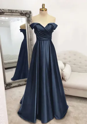 A-line Off-the-Shoulder Sleeveless Long/Floor-Length Satin Prom Dress With Pleated