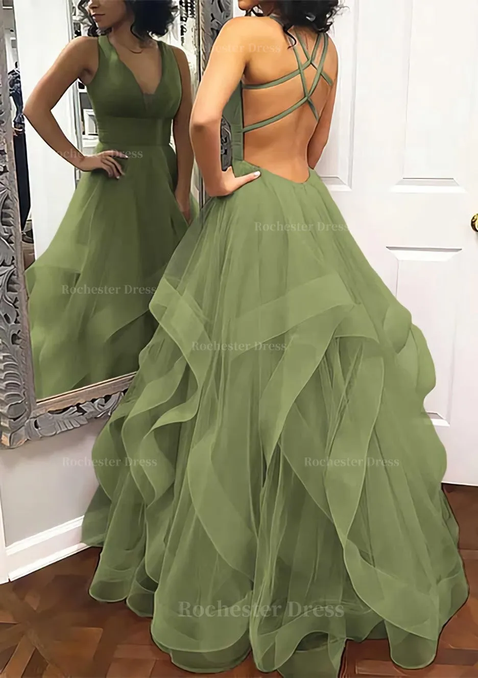 A-line Princess V Neck Sleeveless Tulle Long/Floor-Length Prom Dress With Pleated