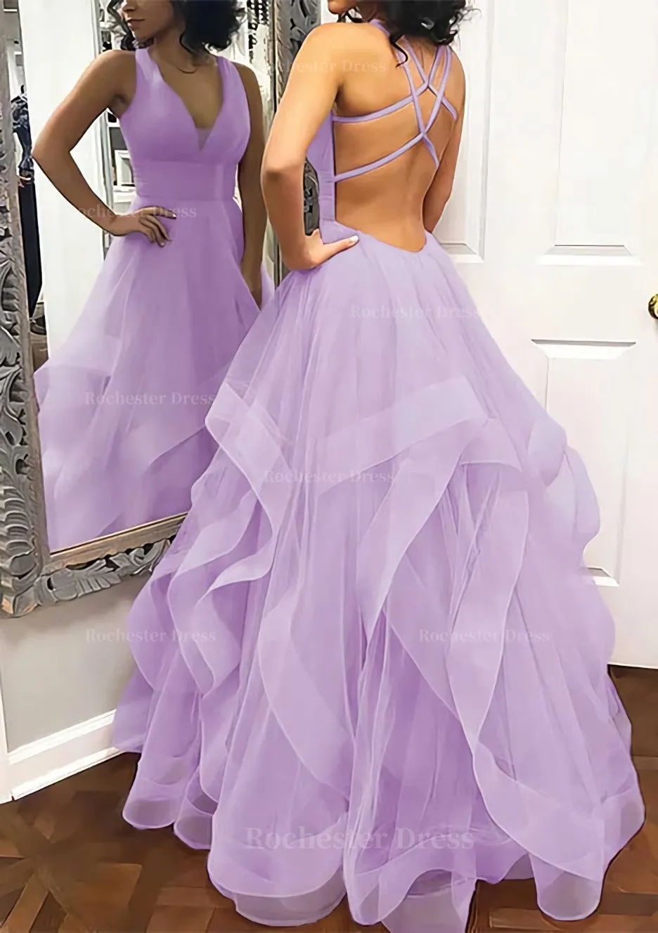 A-line Princess V Neck Sleeveless Tulle Long/Floor-Length Prom Dress With Pleated