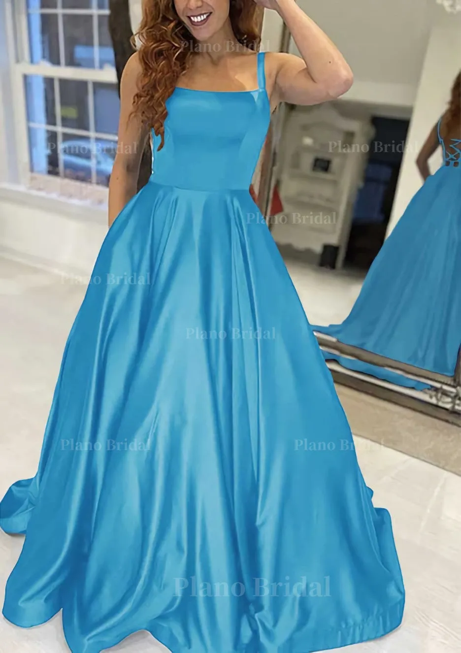 A-line Square Neckline Sleeveless Sweep Train Satin Prom Dress With Pockets