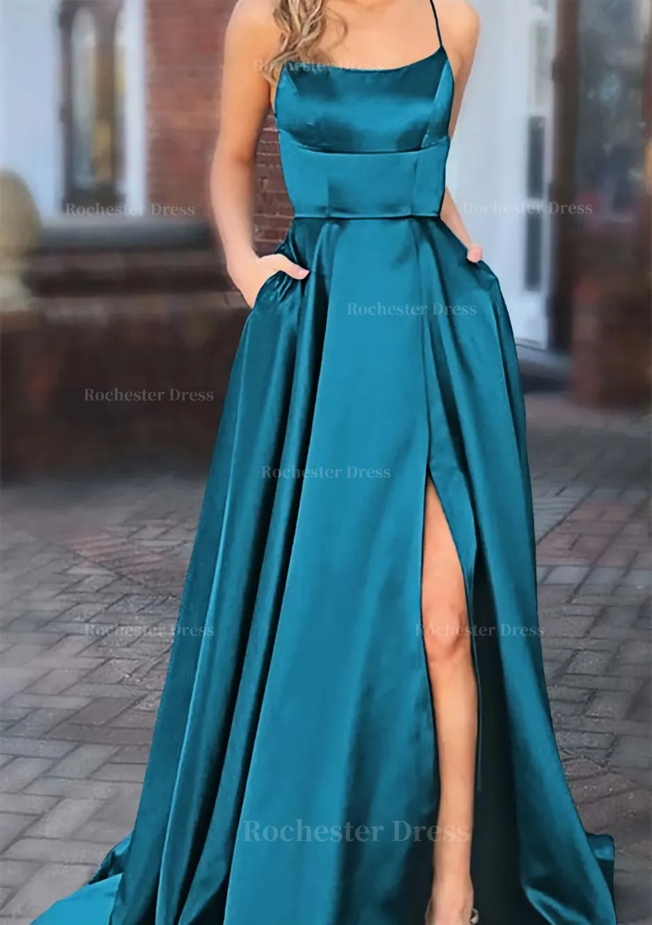 A-line Square Neckline Spaghetti Straps Sweep Train Charmeuse Prom Dress With Pockets Split