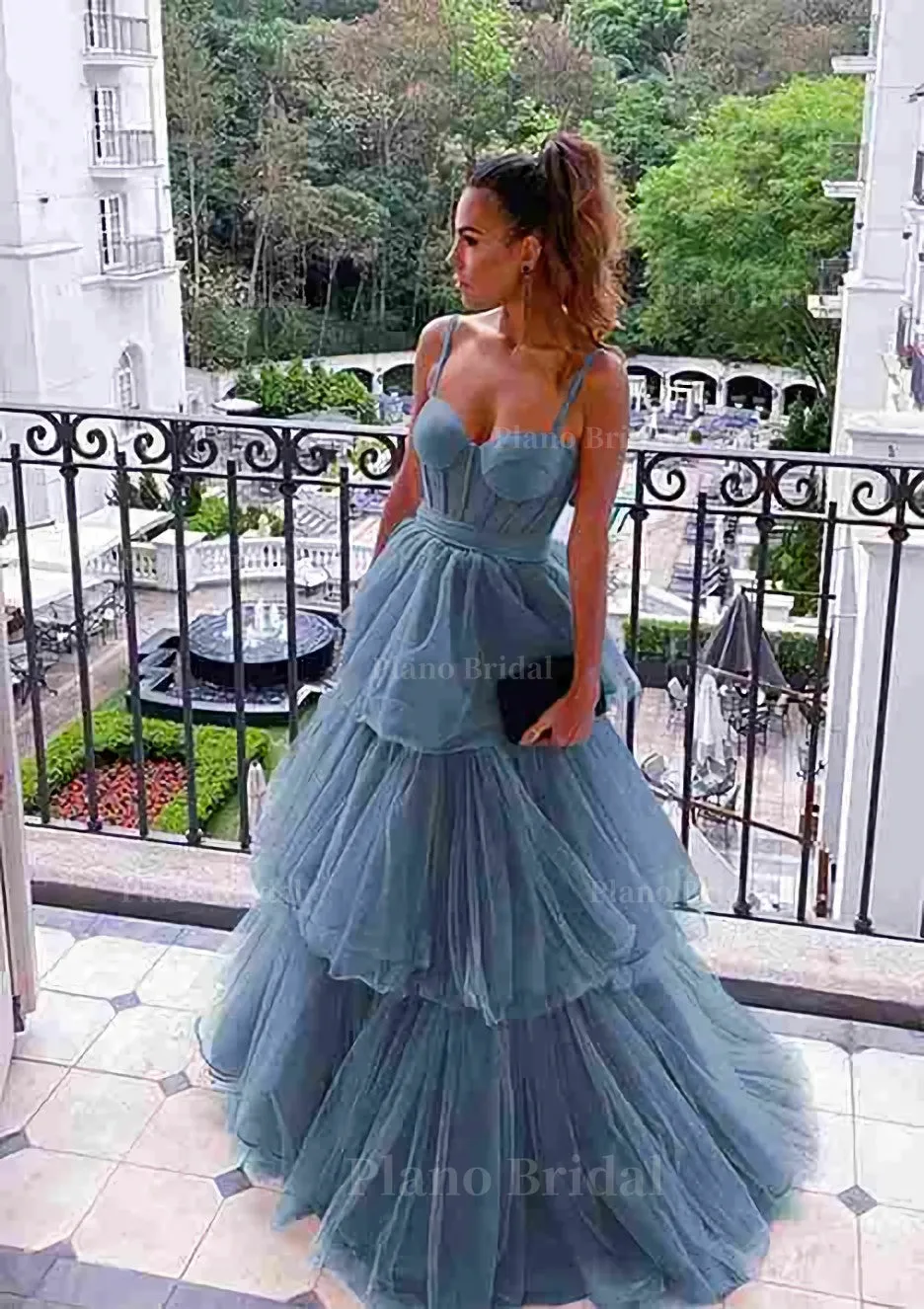 A-line Sweetheart Sleeveless Long/Floor-Length Tulle Prom Dress With Ruffles