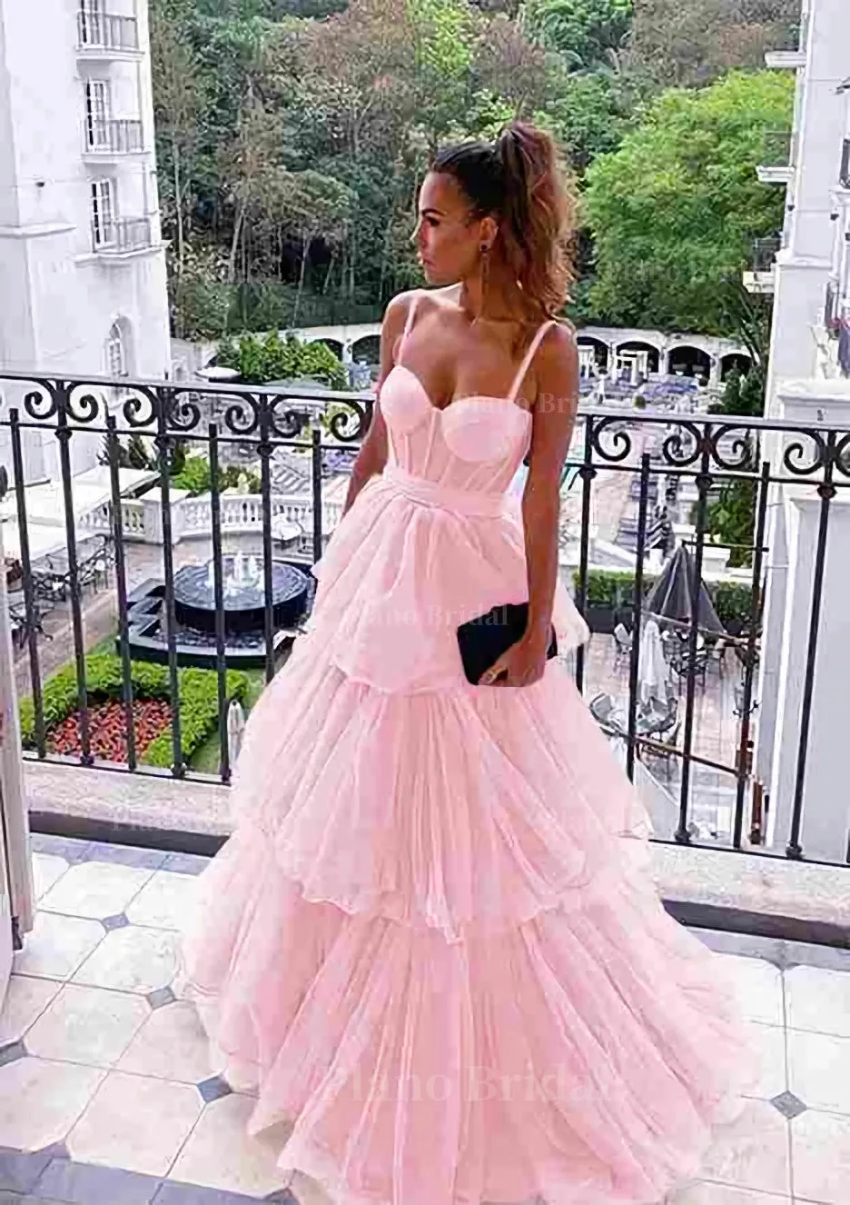 A-line Sweetheart Sleeveless Long/Floor-Length Tulle Prom Dress With Ruffles