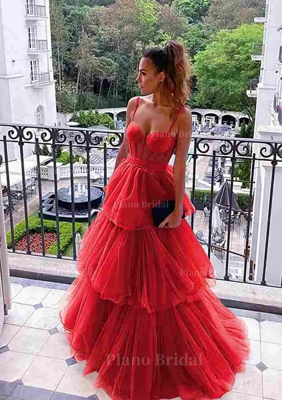 A-line Sweetheart Sleeveless Long/Floor-Length Tulle Prom Dress With Ruffles