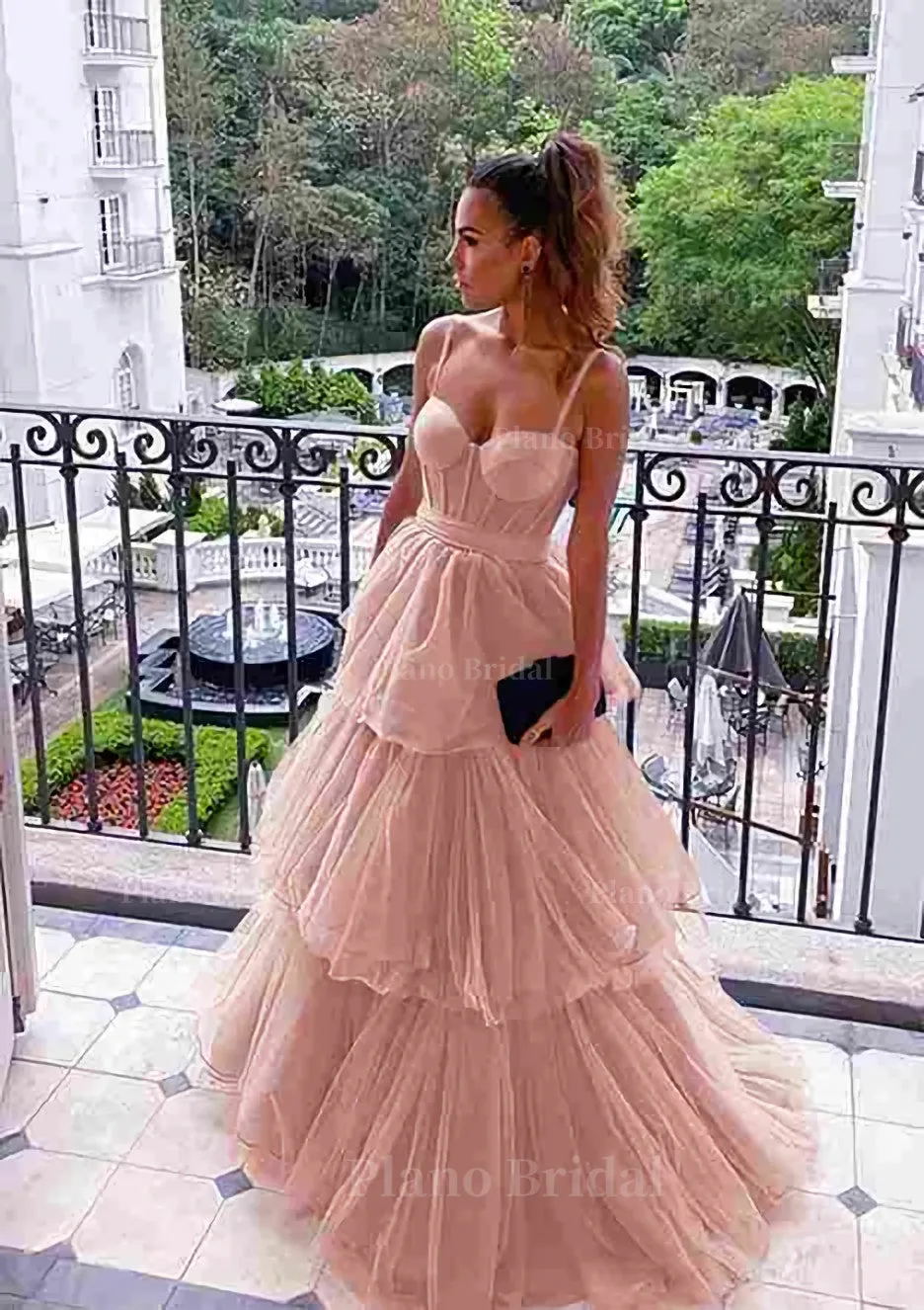 A-line Sweetheart Sleeveless Long/Floor-Length Tulle Prom Dress With Ruffles