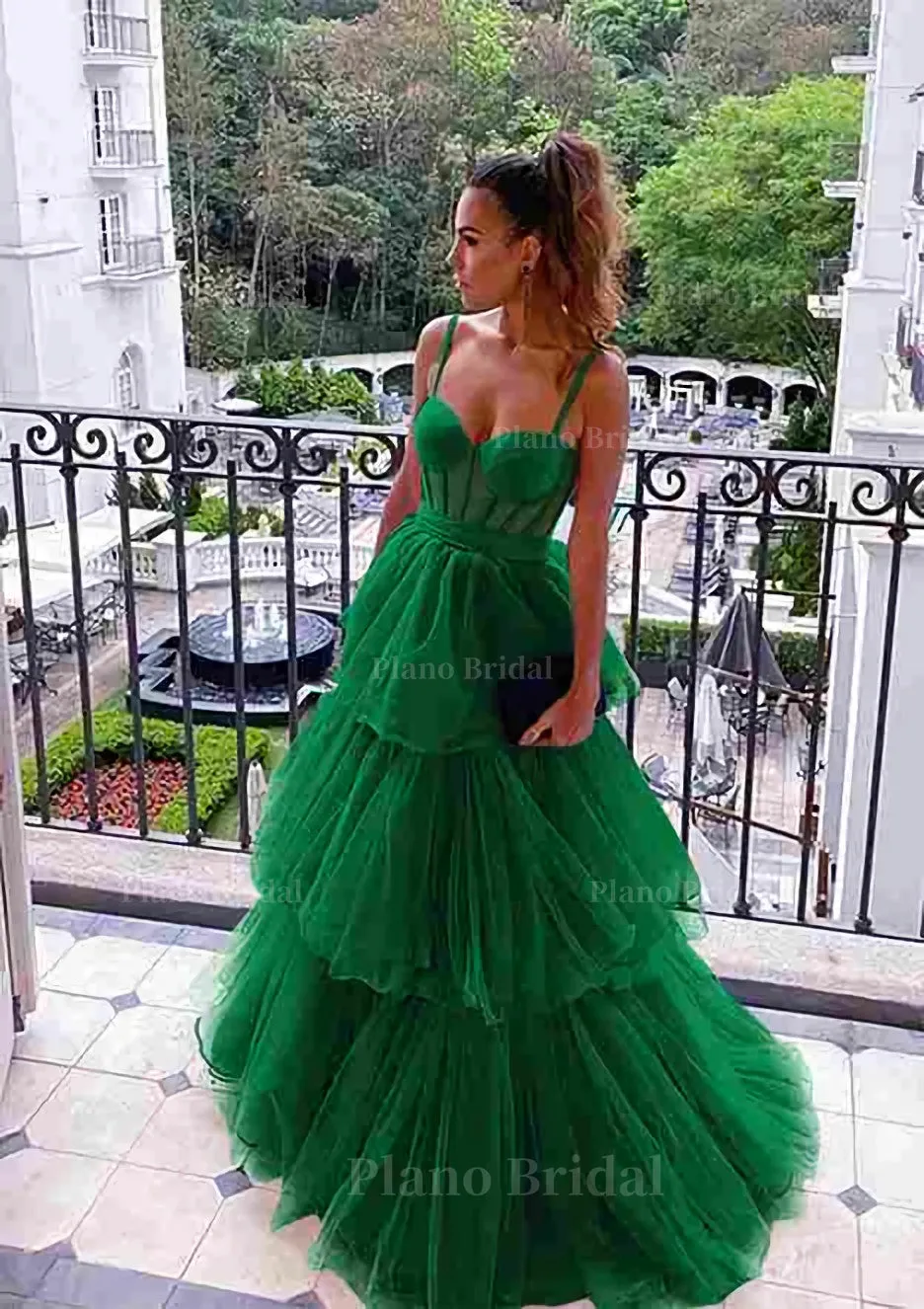 A-line Sweetheart Sleeveless Long/Floor-Length Tulle Prom Dress With Ruffles