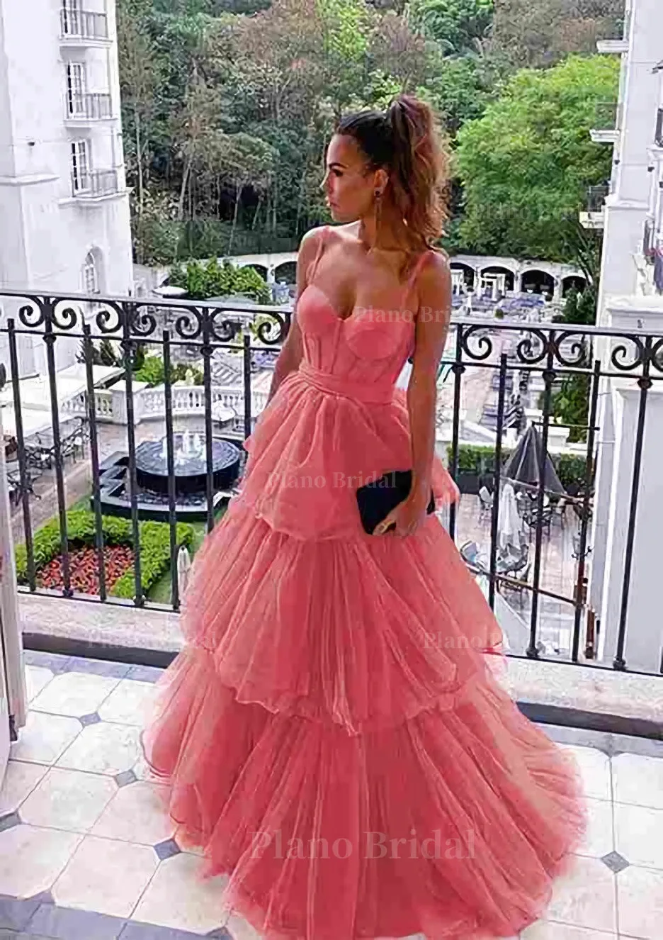 A-line Sweetheart Sleeveless Long/Floor-Length Tulle Prom Dress With Ruffles