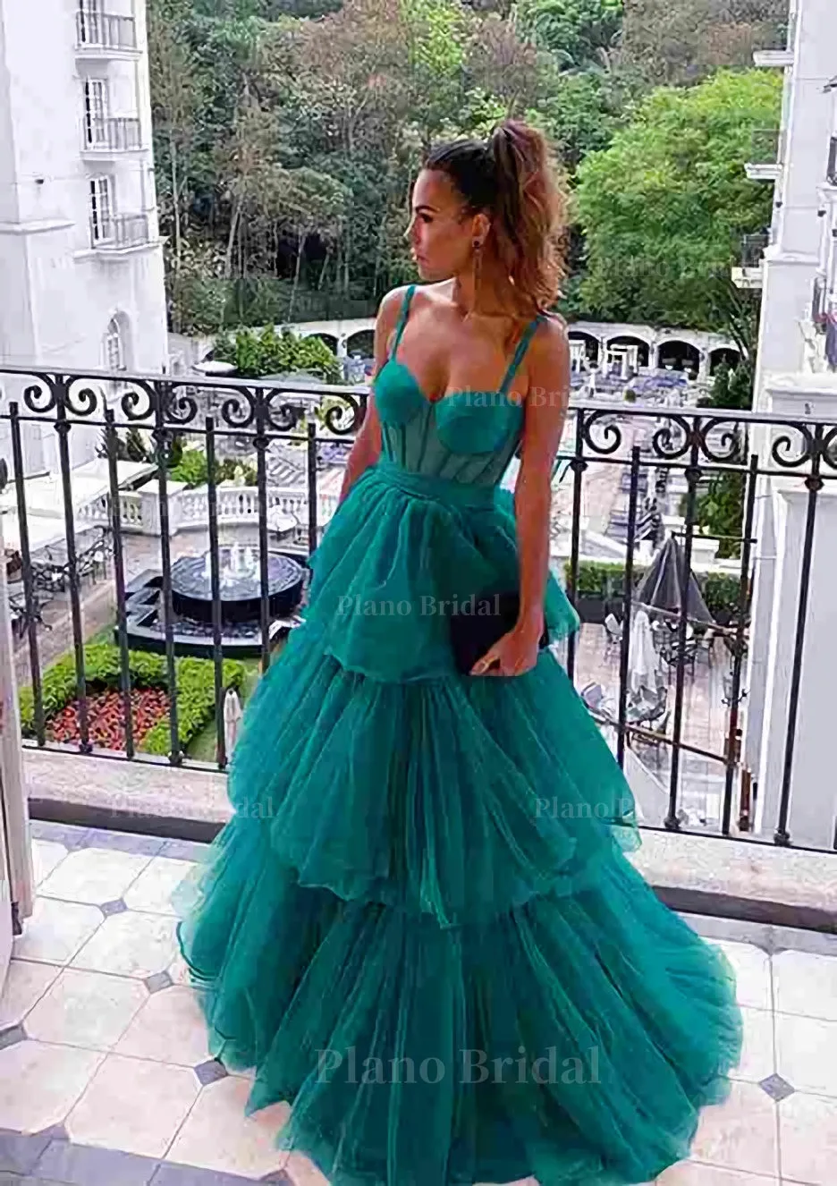 A-line Sweetheart Sleeveless Long/Floor-Length Tulle Prom Dress With Ruffles