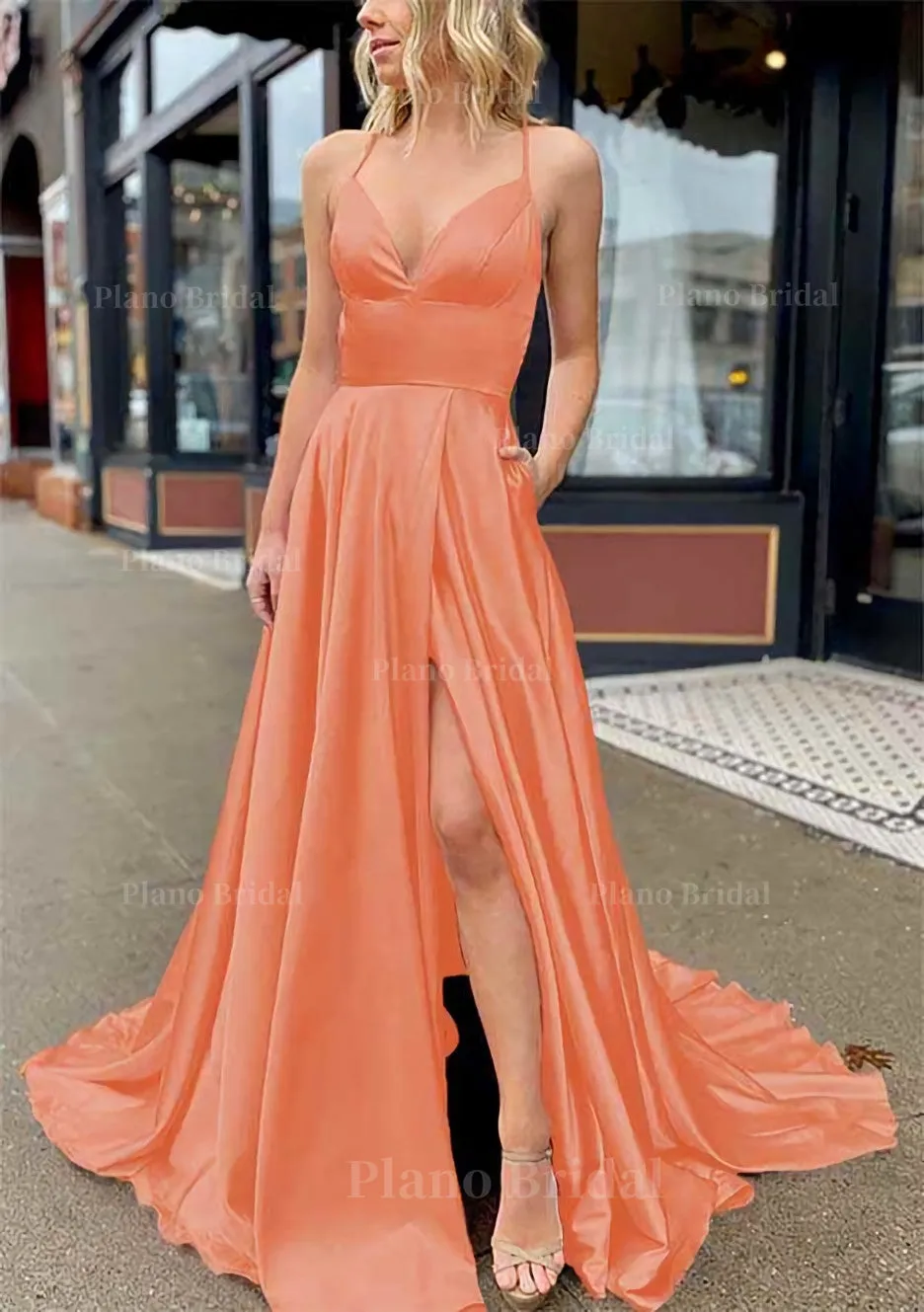 A-line V Neck Sleeveless Charmeuse Sweep Train Prom Dress With Pockets