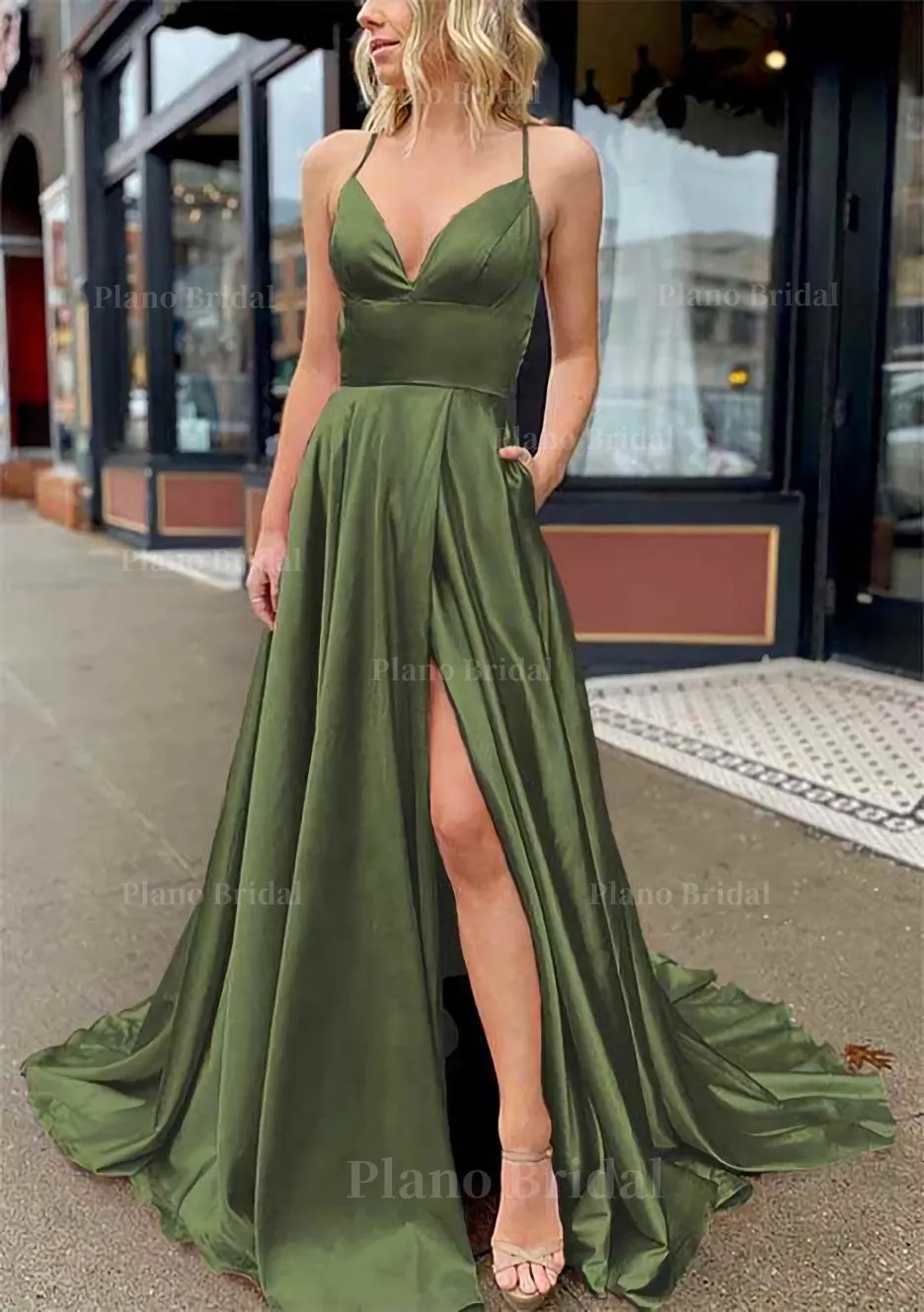 A-line V Neck Sleeveless Charmeuse Sweep Train Prom Dress With Pockets