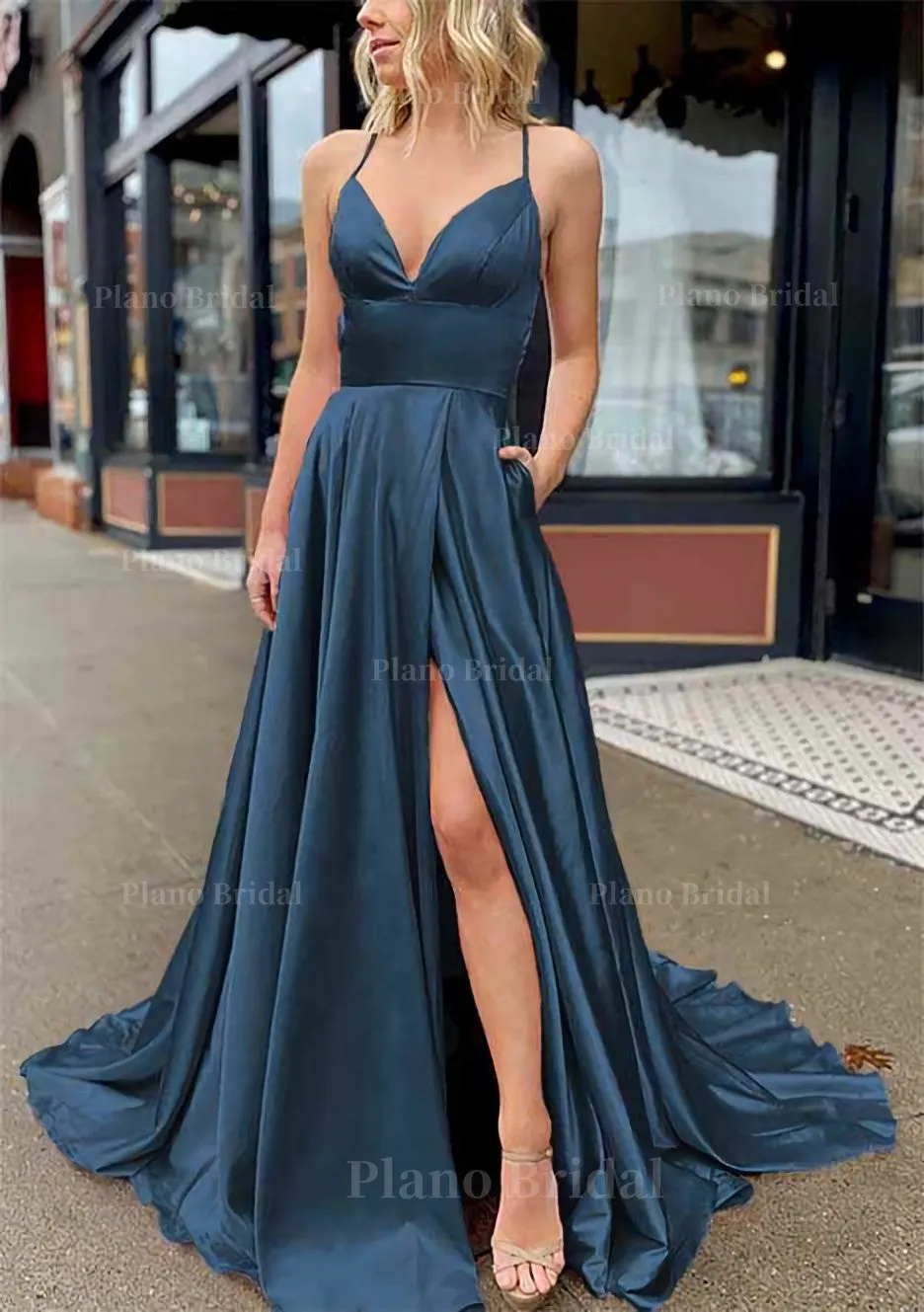 A-line V Neck Sleeveless Charmeuse Sweep Train Prom Dress With Pockets