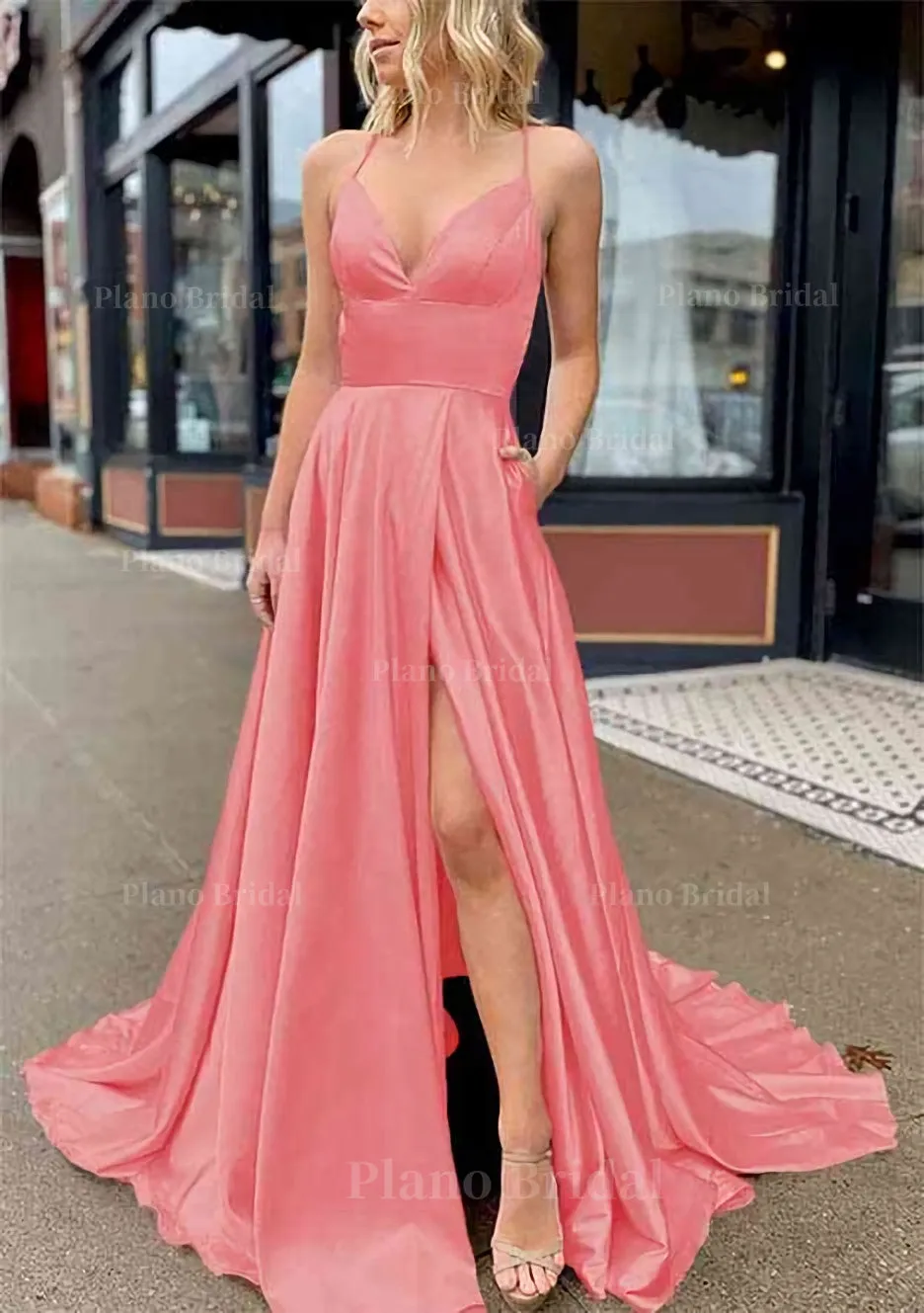 A-line V Neck Sleeveless Charmeuse Sweep Train Prom Dress With Pockets