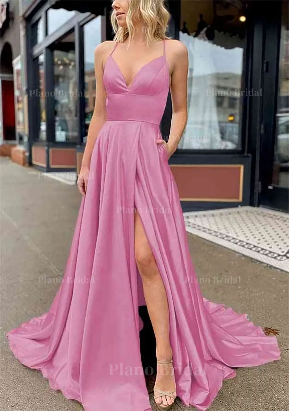 A-line V Neck Sleeveless Charmeuse Sweep Train Prom Dress With Pockets