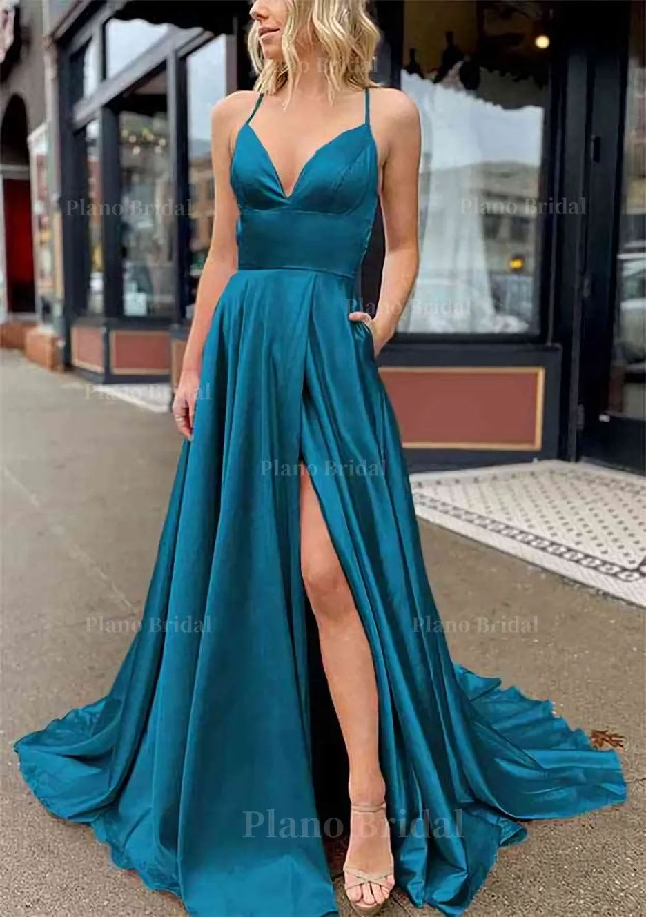 A-line V Neck Sleeveless Charmeuse Sweep Train Prom Dress With Pockets