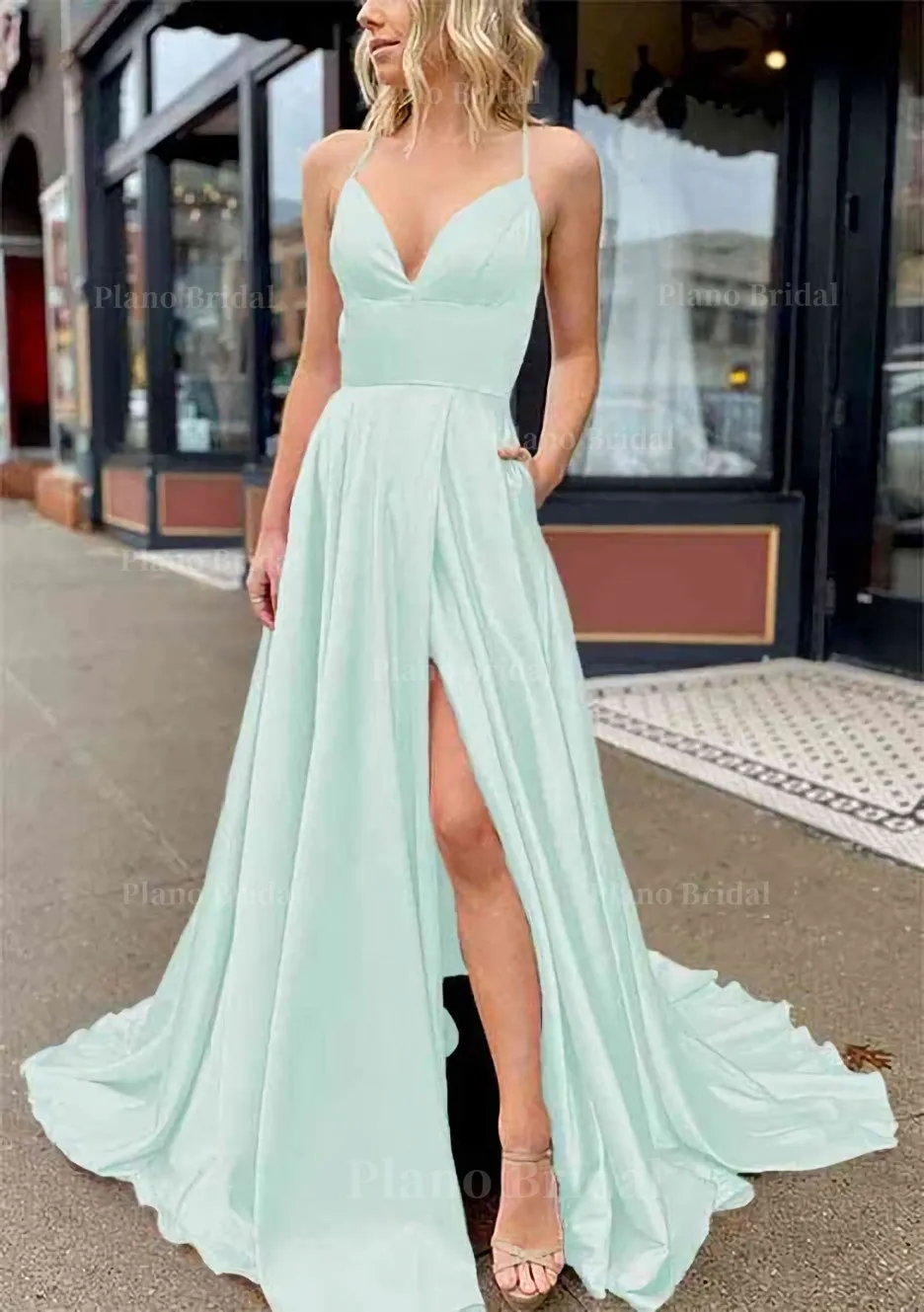 A-line V Neck Sleeveless Charmeuse Sweep Train Prom Dress With Pockets