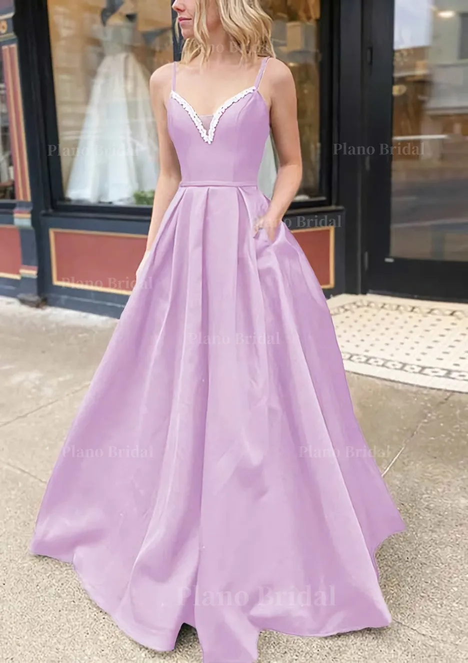 A-line V Neck Spaghetti Straps Long/Floor-Length Satin Prom Dress With Beading Pockets