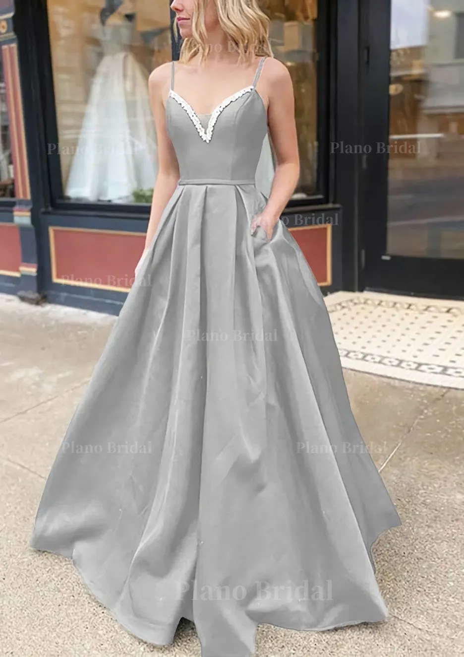 A-line V Neck Spaghetti Straps Long/Floor-Length Satin Prom Dress With Beading Pockets