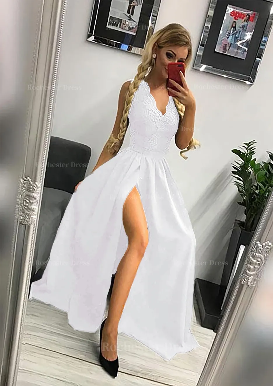 A-line/Princess Scalloped Neck Sleeveless Long/Floor-Length Elastic Satin Prom Dress With Lace Split