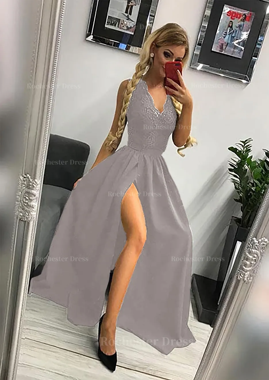 A-line/Princess Scalloped Neck Sleeveless Long/Floor-Length Elastic Satin Prom Dress With Lace Split