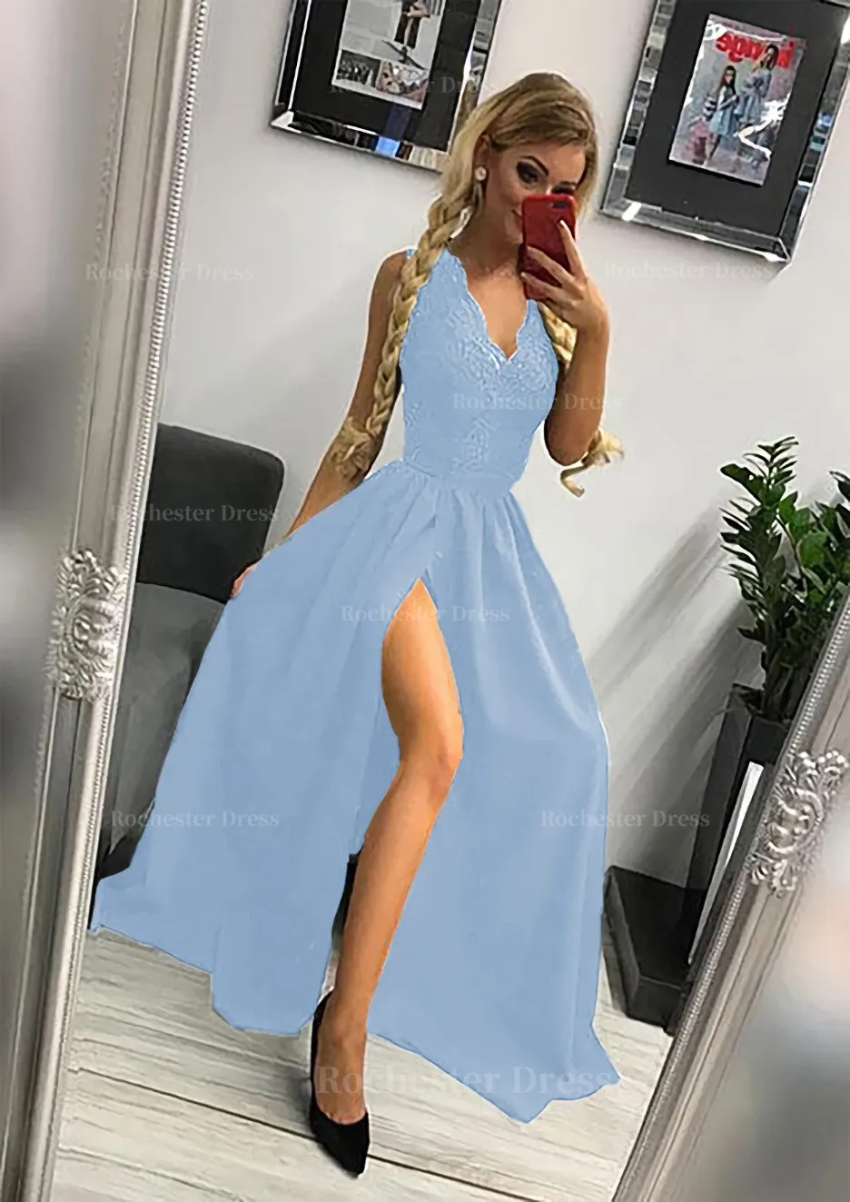 A-line/Princess Scalloped Neck Sleeveless Long/Floor-Length Elastic Satin Prom Dress With Lace Split